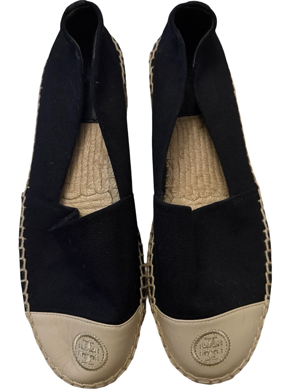 Tory Burch Black Canvas Espadrille Flats with Beige Leather Cap Toe Logo Sz 9